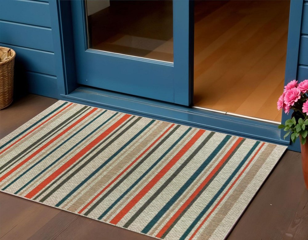 7' X 9' Blue And Gray Striped Indoor Outdoor Area Rug