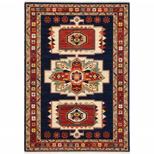 3' X 5' Blue Red Machine Woven Medallions Indoor Area Rug