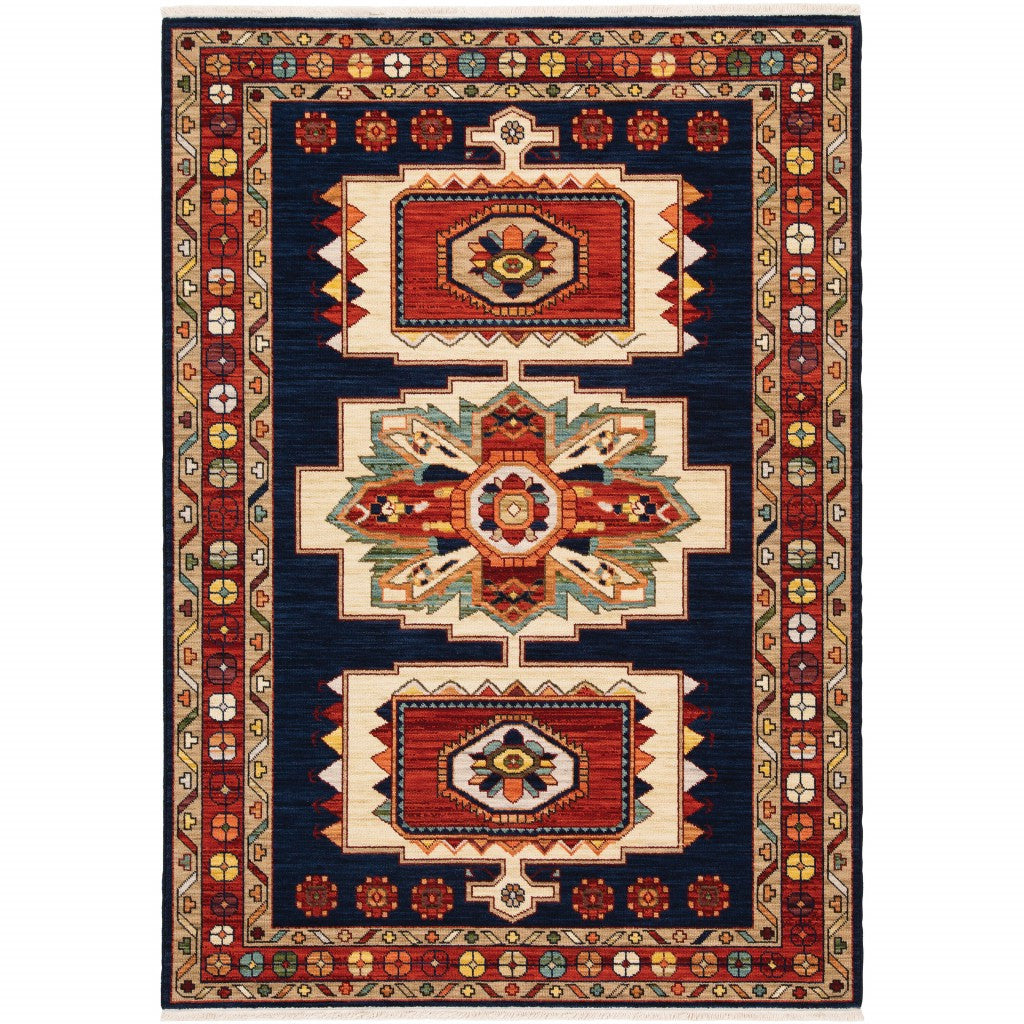 7' X 10' Blue Red Machine Woven Medallions Indoor Area Rug