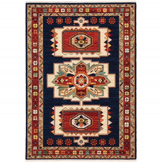 2' X 3' Blue Red Machine Woven Medallions Indoor Area Rug