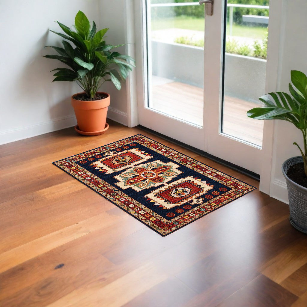 2' X 3' Blue Red Machine Woven Medallions Indoor Area Rug