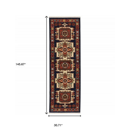 2' X 3' Blue Red Machine Woven Medallions Indoor Area Rug