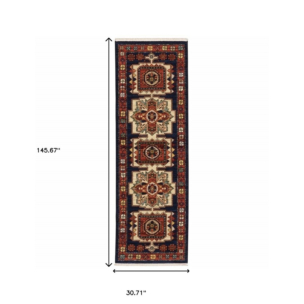 2' X 3' Blue Red Machine Woven Medallions Indoor Area Rug