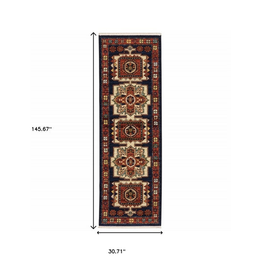 5' X 8' Blue Red Machine Woven Medallions Indoor Area Rug