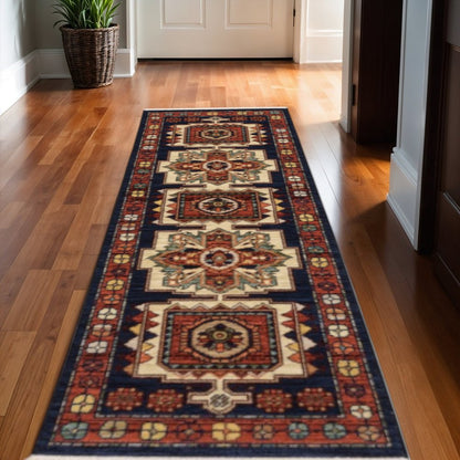 2' X 3' Blue Red Machine Woven Medallions Indoor Area Rug