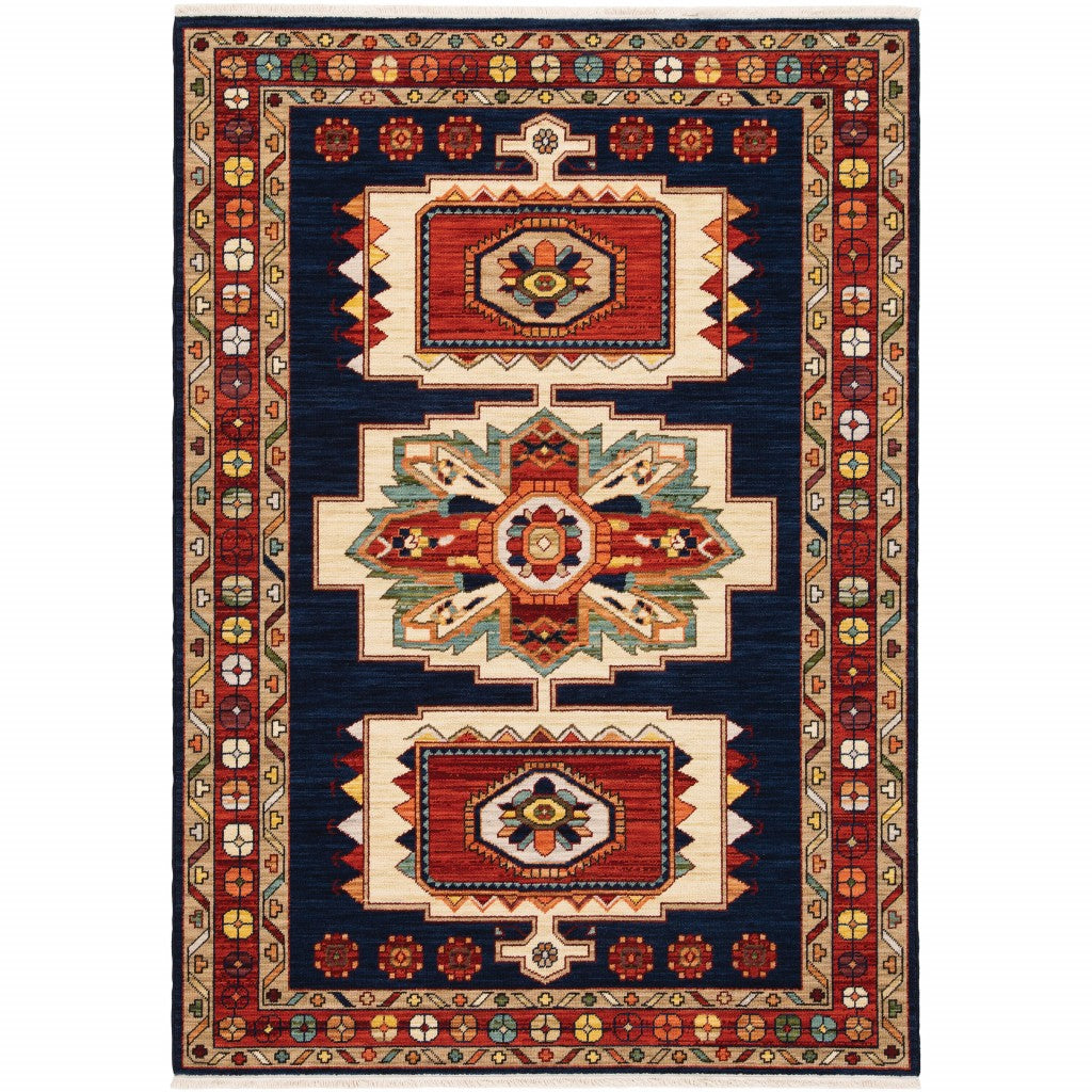 2' X 3' Blue Red Machine Woven Medallions Indoor Area Rug