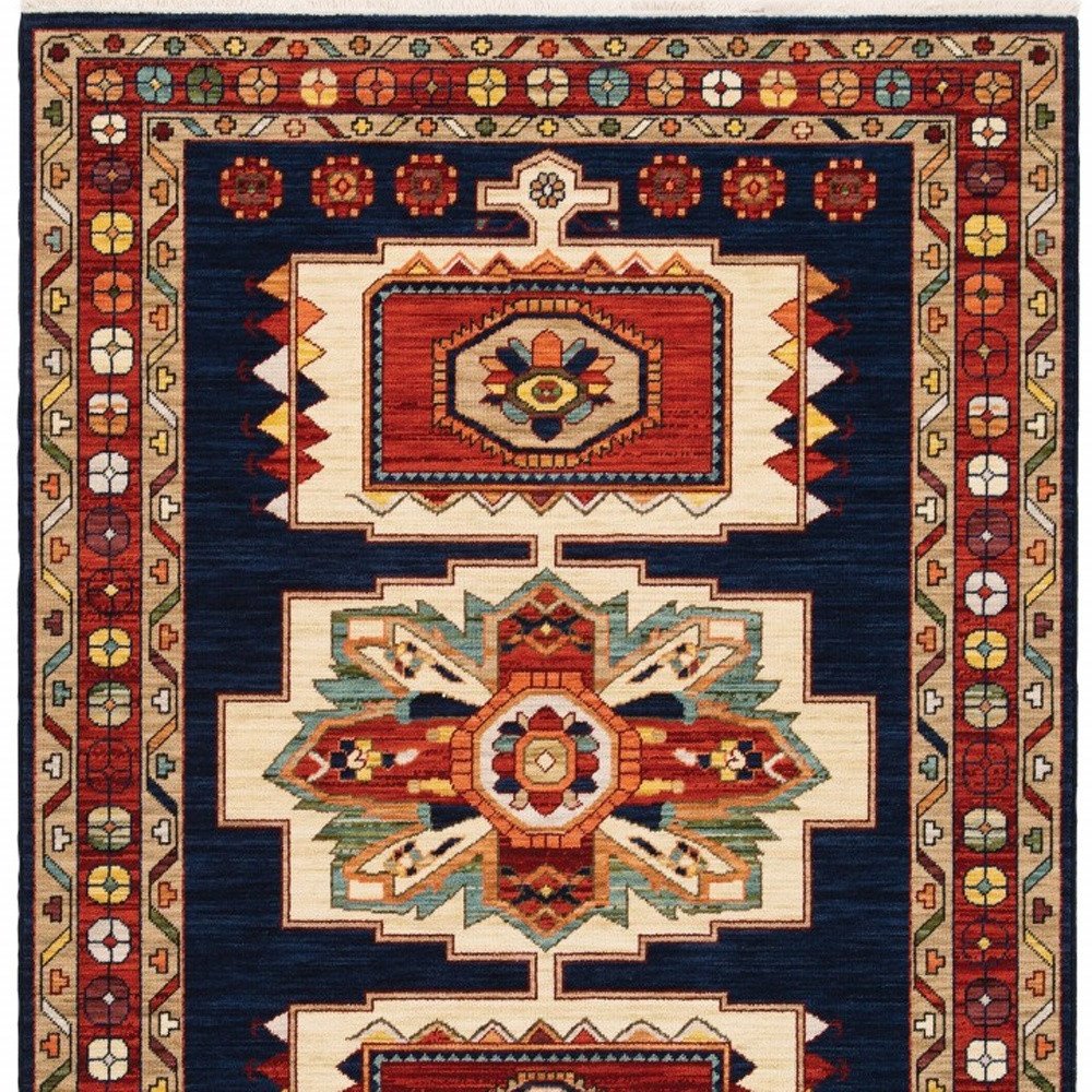 2' X 3' Blue Red Machine Woven Medallions Indoor Area Rug