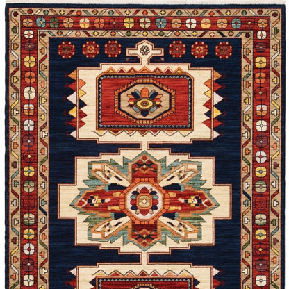 2' X 3' Blue Red Machine Woven Medallions Indoor Area Rug