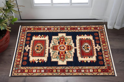 2' X 3' Blue Red Machine Woven Medallions Indoor Area Rug
