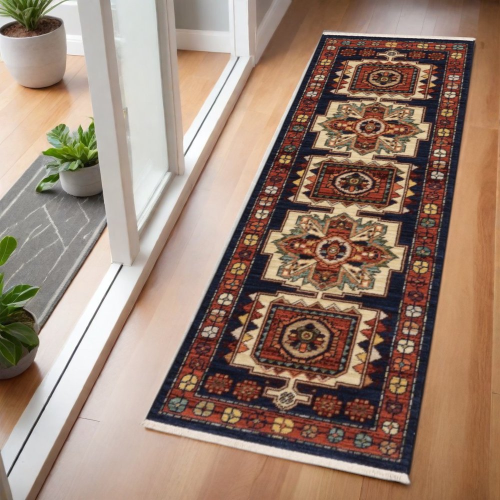 2' X 3' Red Blue Machine Woven Oriental Indoor Area Rug