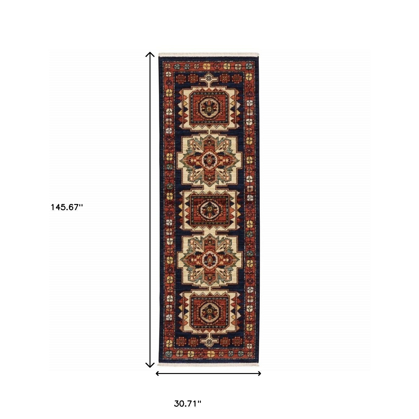 12' Red Blue Machine Woven Oriental Indoor Runner Rug