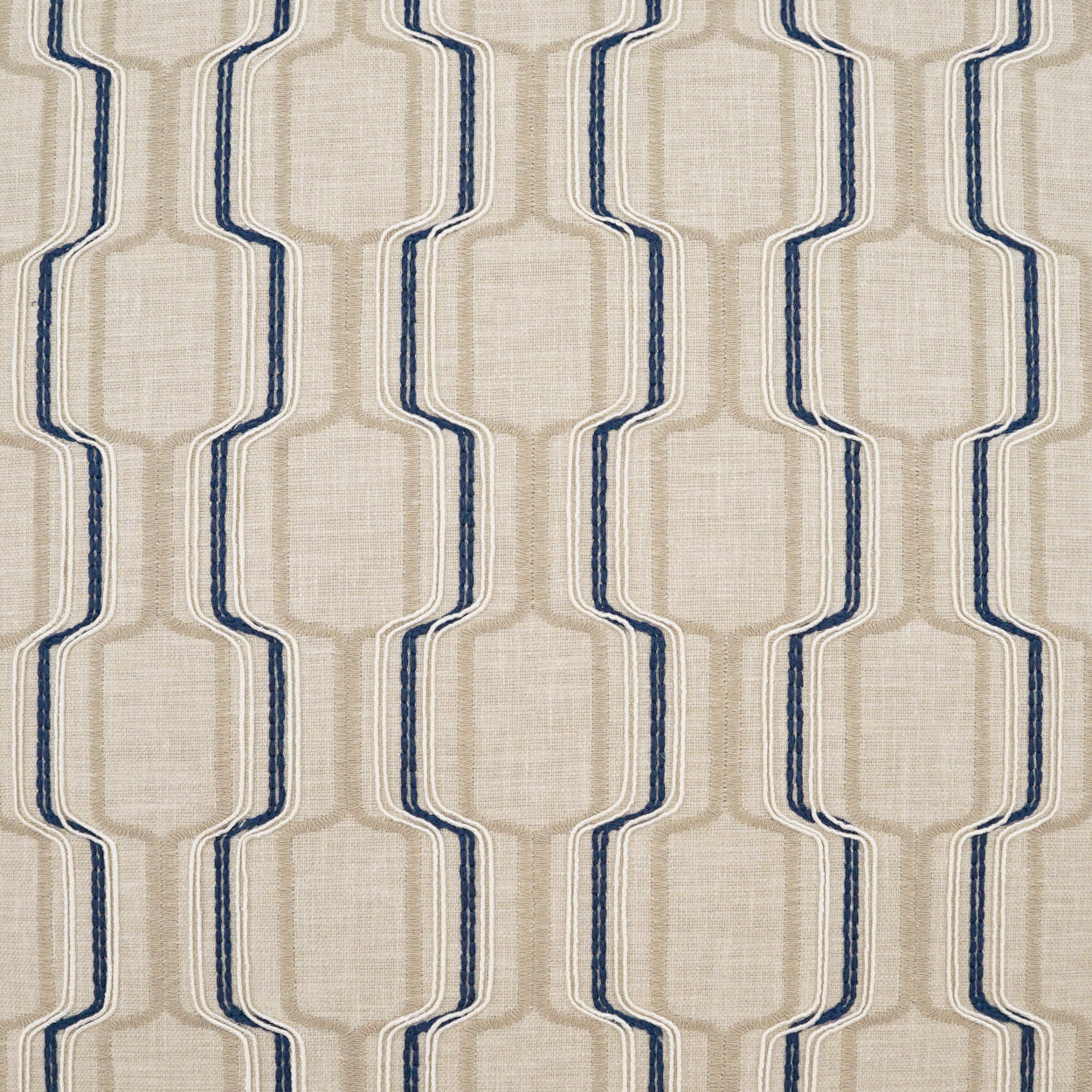Beige linen-like fabric with a vertical lattice of navy and light-blue outlined rounded hex shapes.