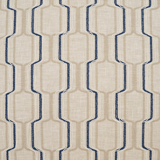 Beige linen-like fabric with a vertical lattice of navy and light-blue outlined rounded hex shapes.