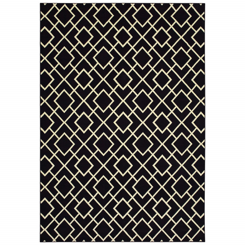 7' X 10' Black Ivory Machine Woven Geometric Diamonds Indoor Area Rug