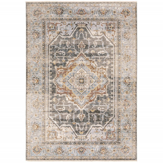 8' X 11' Gray And Blue Medallion Distressed Area Rug