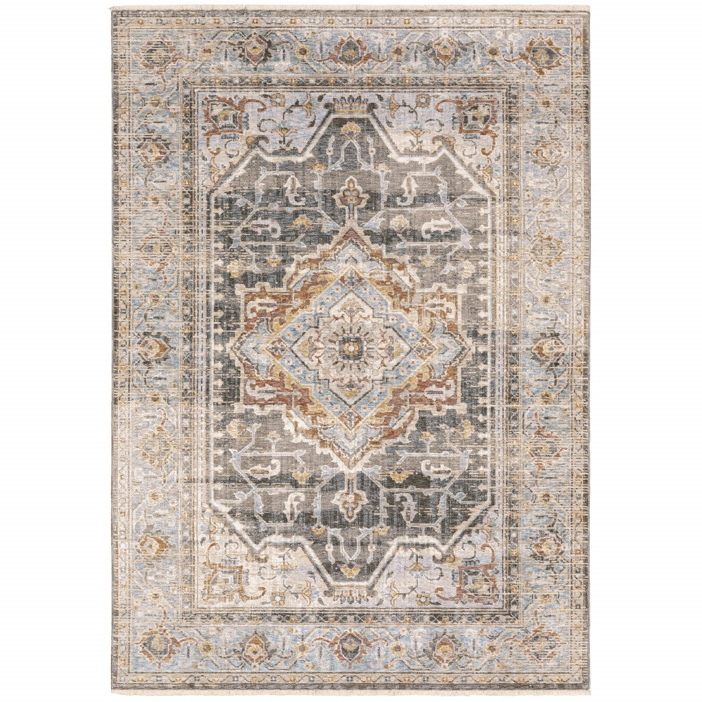 2' X 3' Grey Blue Machine Woven Medallion Indoor Area Rug