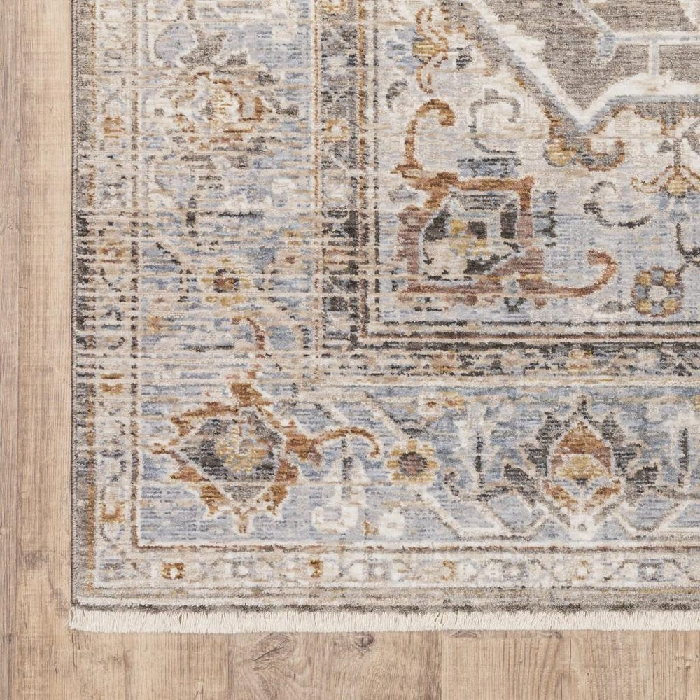 8' X 11' Gray And Blue Medallion Distressed Area Rug