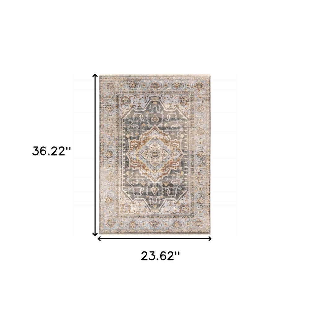 8' X 11' Gray And Blue Medallion Distressed Area Rug