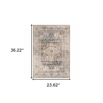 8' X 11' Gray And Blue Medallion Distressed Area Rug
