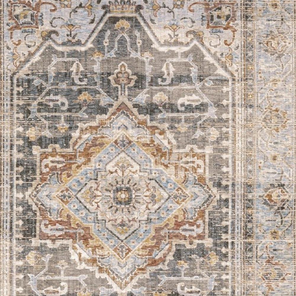 8' Grey Blue Machine Woven Medallion Indoor Runner Rug