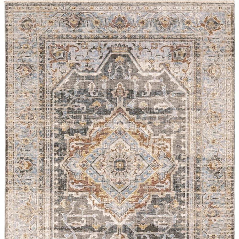 8' X 11' Gray And Blue Medallion Distressed Area Rug