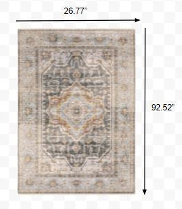 2' X 3' Grey Blue Machine Woven Medallion Indoor Area Rug