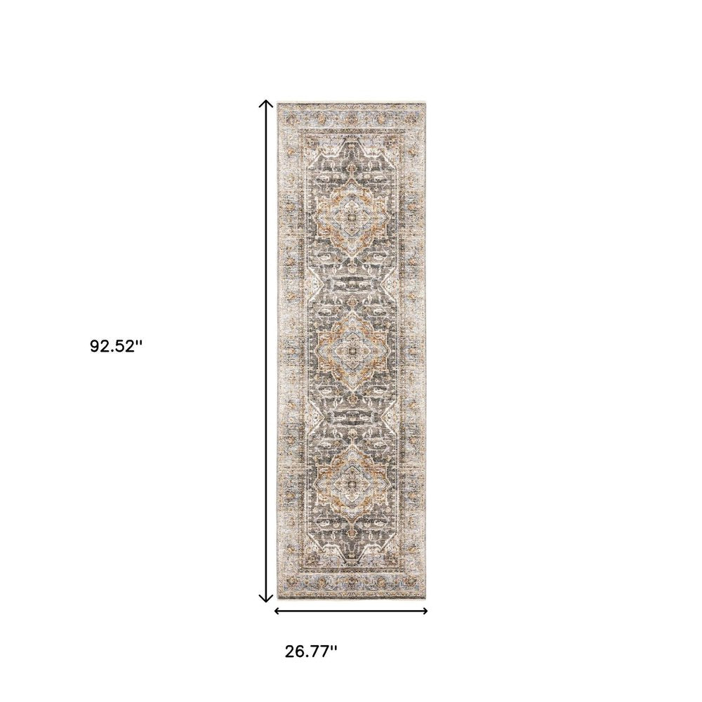 8' Grey Blue Machine Woven Medallion Indoor Runner Rug