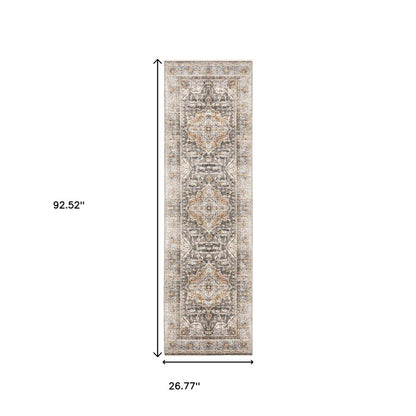 8' Grey Blue Machine Woven Medallion Indoor Runner Rug