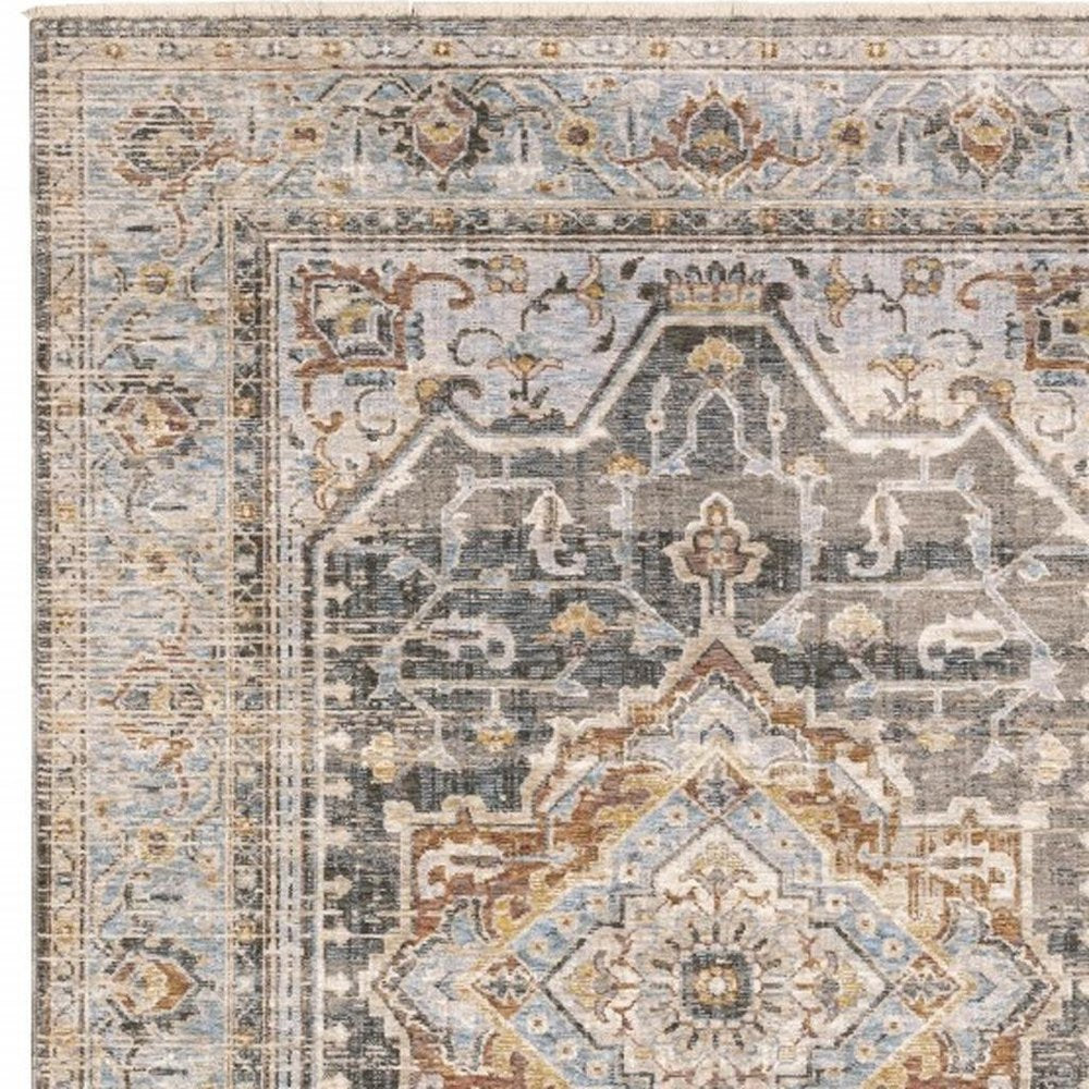 8' X 11' Gray And Blue Medallion Distressed Area Rug