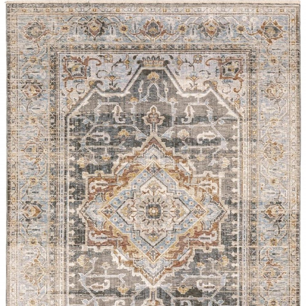 8' X 11' Gray And Blue Medallion Distressed Area Rug