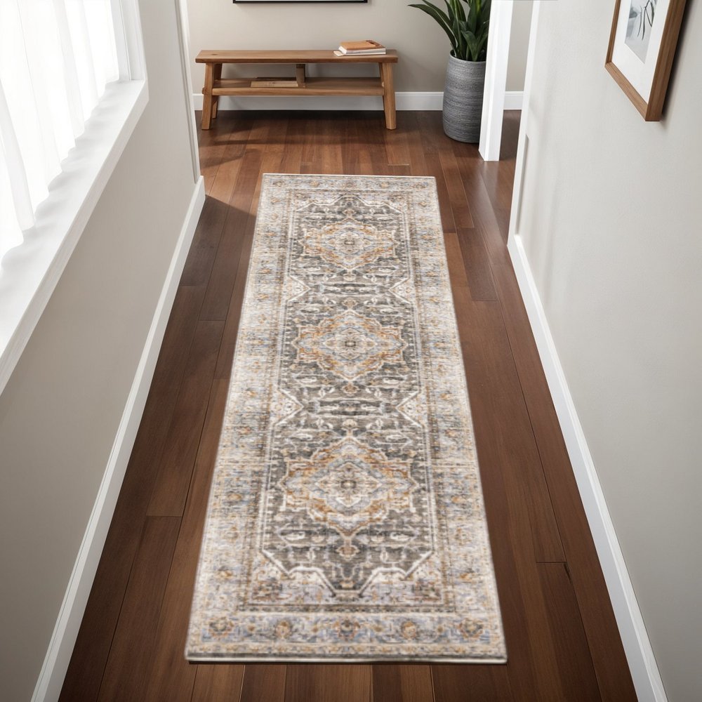 8' X 11' Gray And Blue Medallion Distressed Area Rug