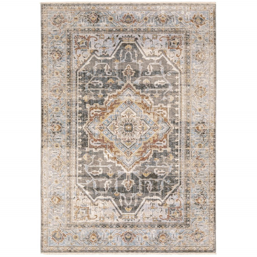 8' X 11' Gray And Blue Medallion Distressed Area Rug