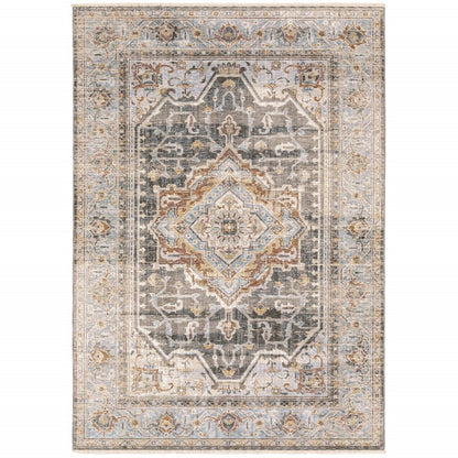 8' X 11' Gray And Blue Medallion Distressed Area Rug