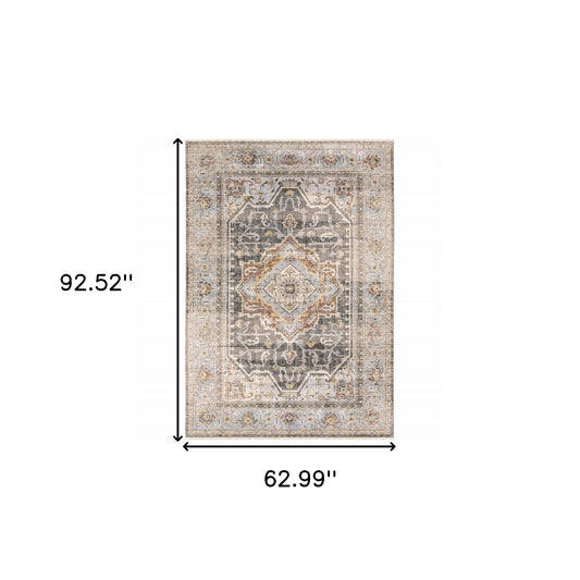 6' X 9' Grey Blue Machine Woven Medallion Indoor Area Rug