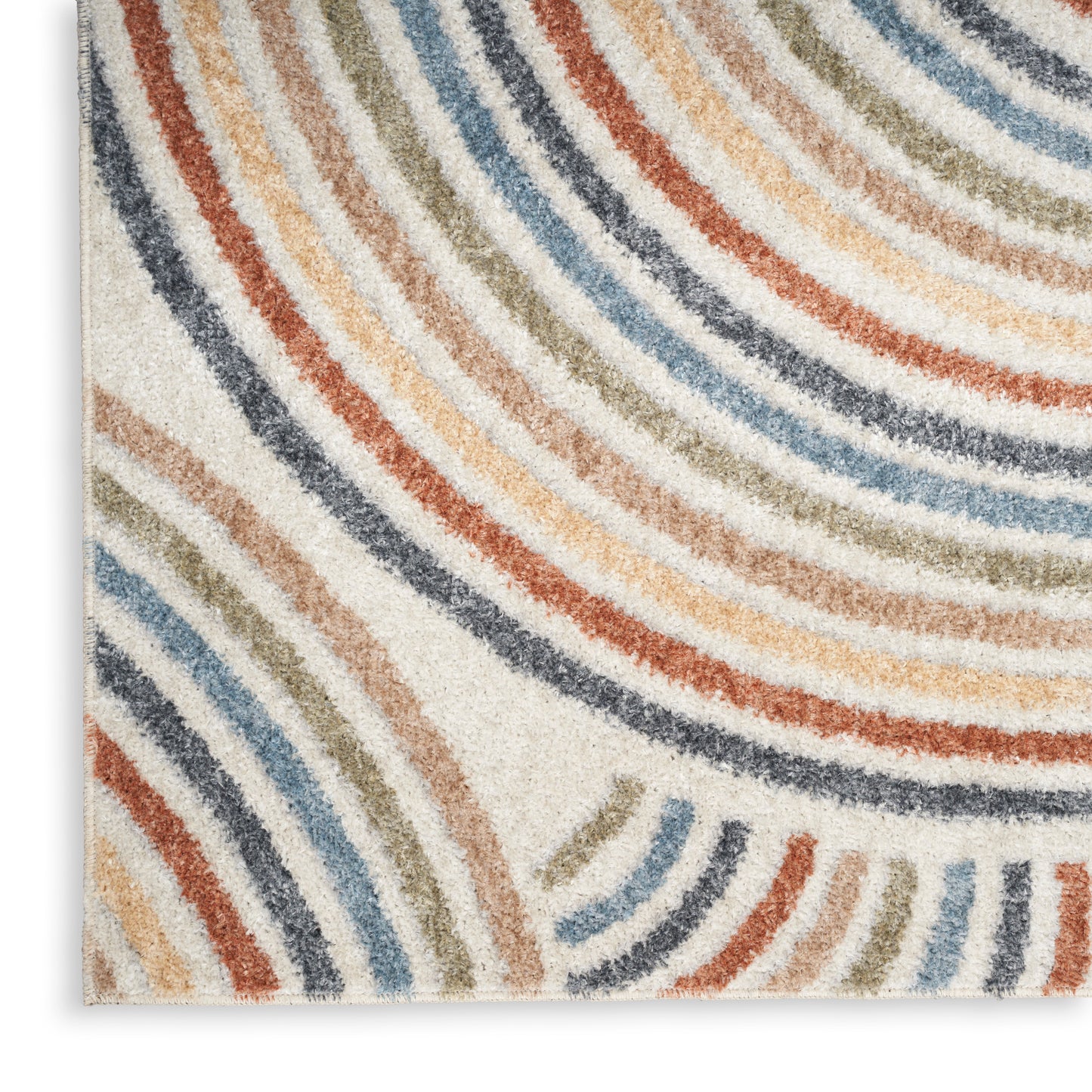 Shaggy runner rug with wavy, multicolored curved stripes in orange, blue, beige and gray on a cream background.