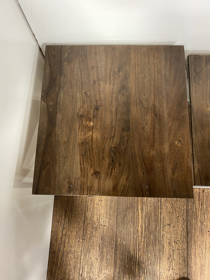 Dark walnut square wood tabletops & natural grain; minimalist contemporary furniture.