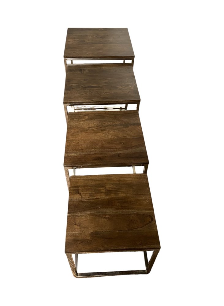 Four-tier square wooden nesting tables with a metal frame, dark brown finish.
