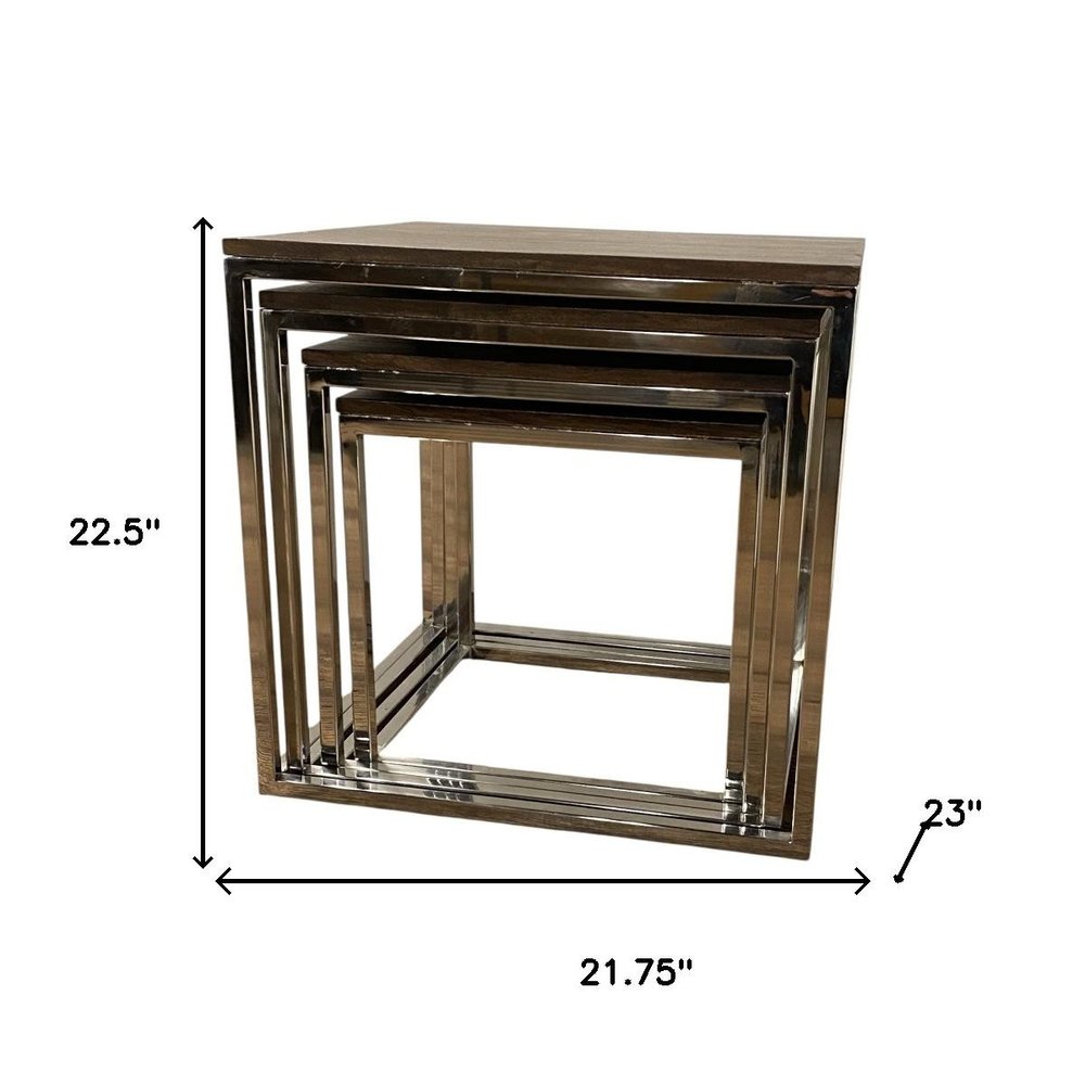 Chrome-finish nested square-frame end tables set of 4 in varying sizes; modern geometric metal design.