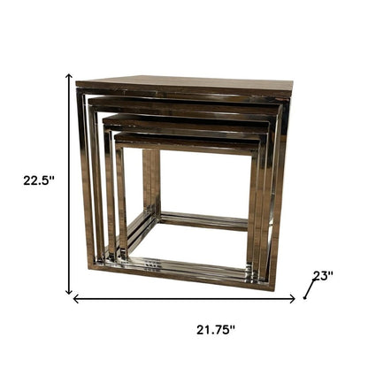 Chrome-finish nested square-frame end tables set of 4 in varying sizes; modern geometric metal design.