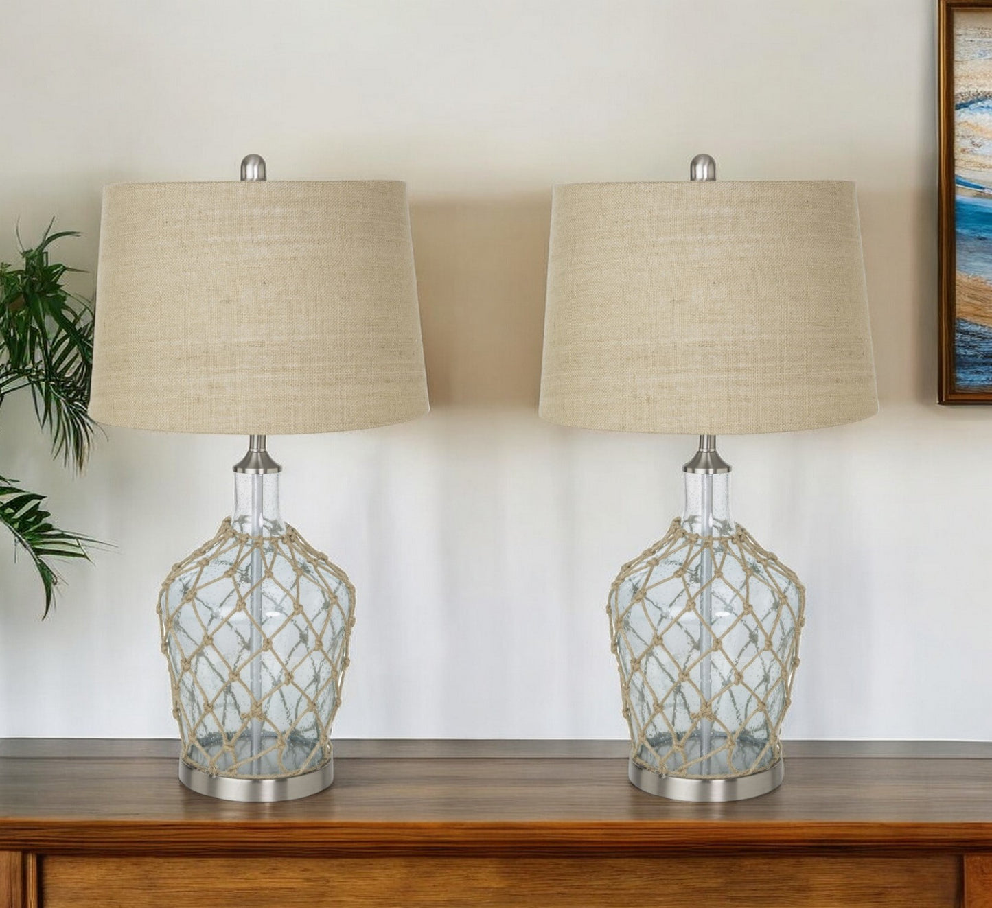 Set of Two 28" Silver Metal Table Lamps With Beige Empire Shade