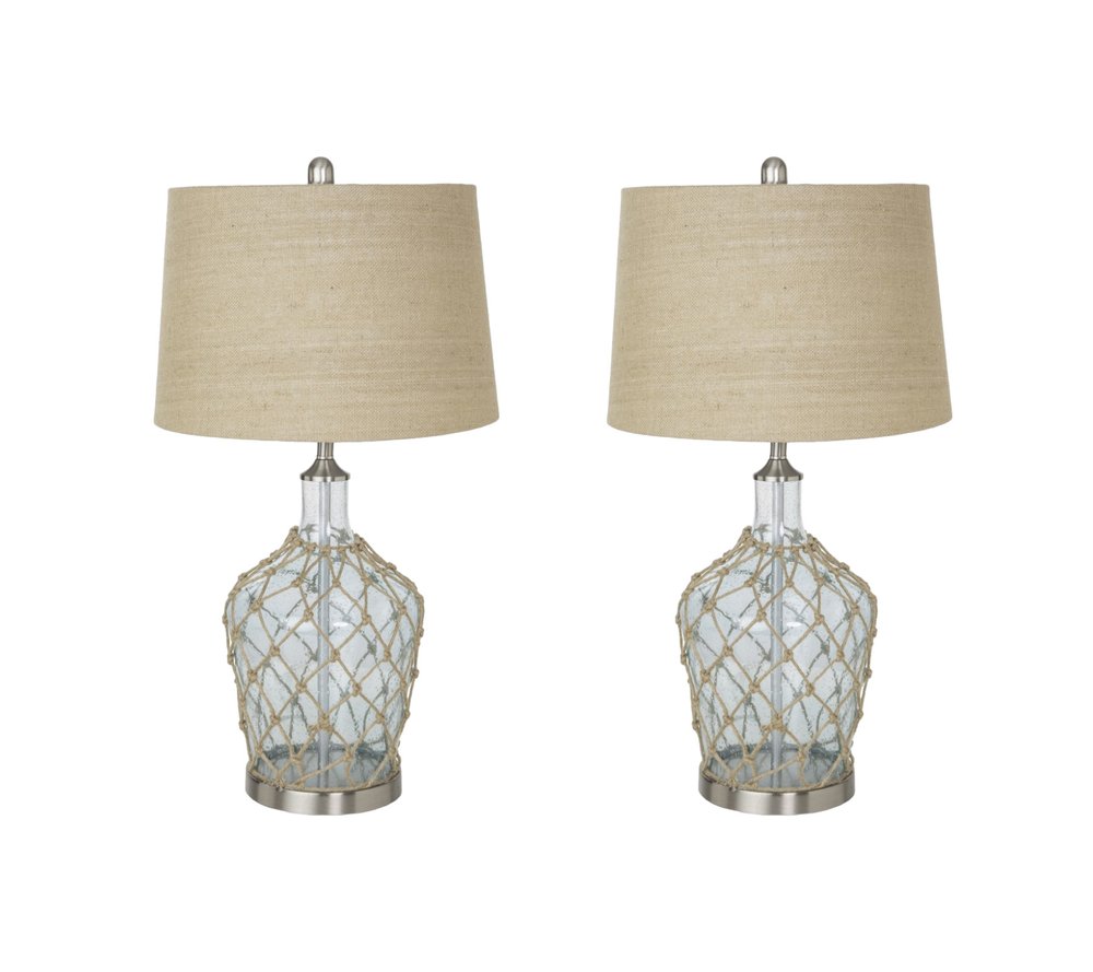 Set of Two 28" Light Blue And Silver Glass And Metal Coastal Table Lamps