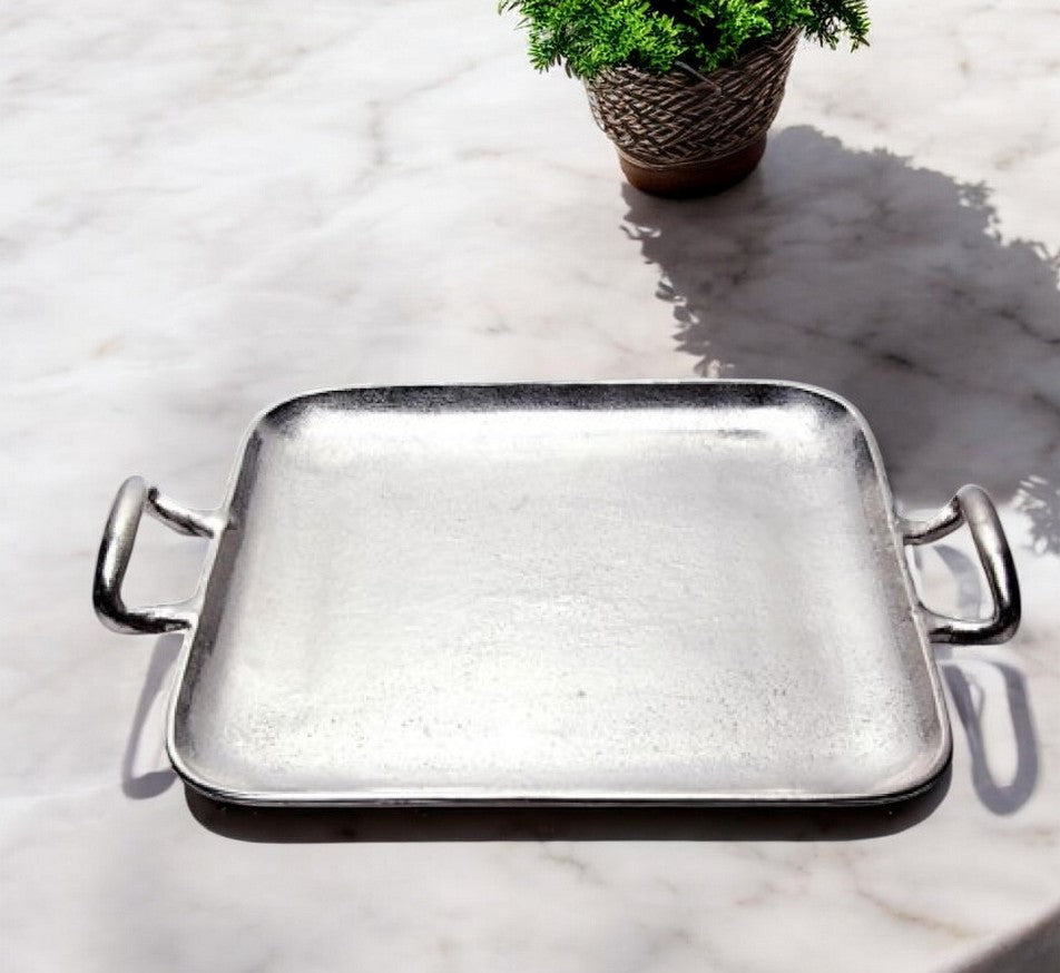 17" Silver Square Stainless Steel Indoor Outdoor Tray With Handles