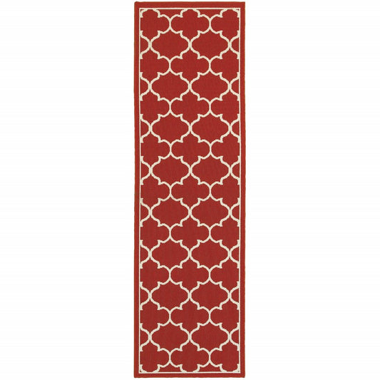 8' Red And Ivory Indoor Outdoor Runner Rug