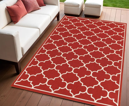 5' X 8' Red And Ivory Indoor Outdoor Area Rug