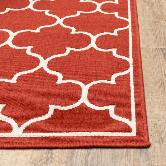 7' X 10' Red and Ivory Indoor Outdoor Area Rug