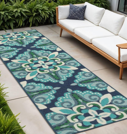 2' X 8' Blue and Green Indoor Outdoor Area Rug