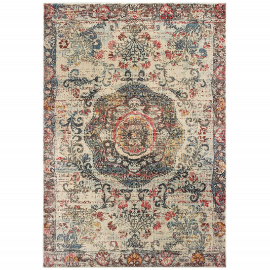 5' X 8' Ivory Distressed Medallion Area Rug