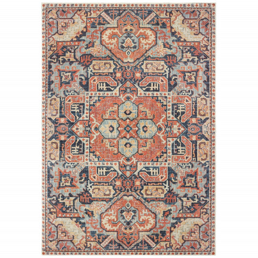 7' X 10' Blue And Orange Tribal Area Rug