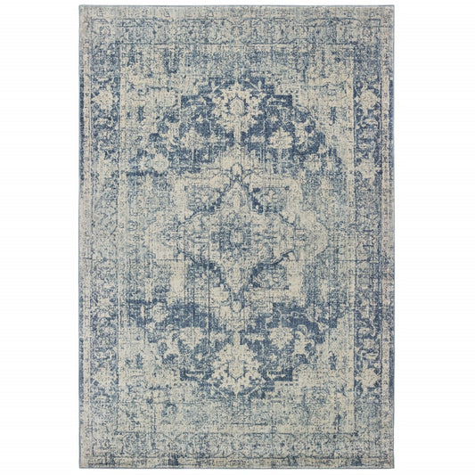 7' X 10' Ivory And Blue Oriental Area Rug