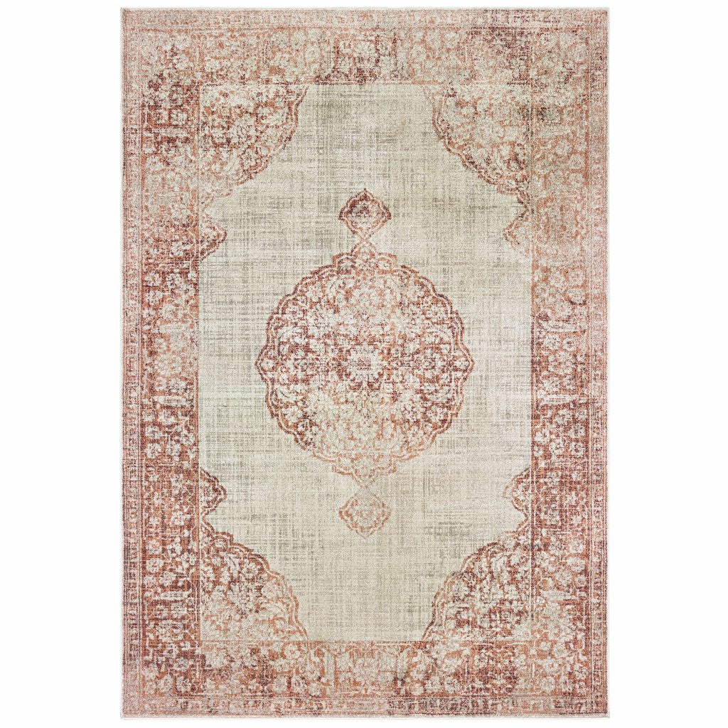 5' X 8' Ivory And Pink Medallion Area Rug